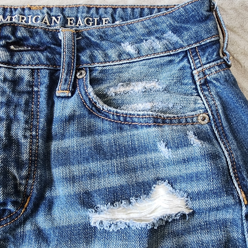 American Eagle Outfitters Distressed Denim Mini Skirt Women Size 4 Button Fly - Picture 8 of 13